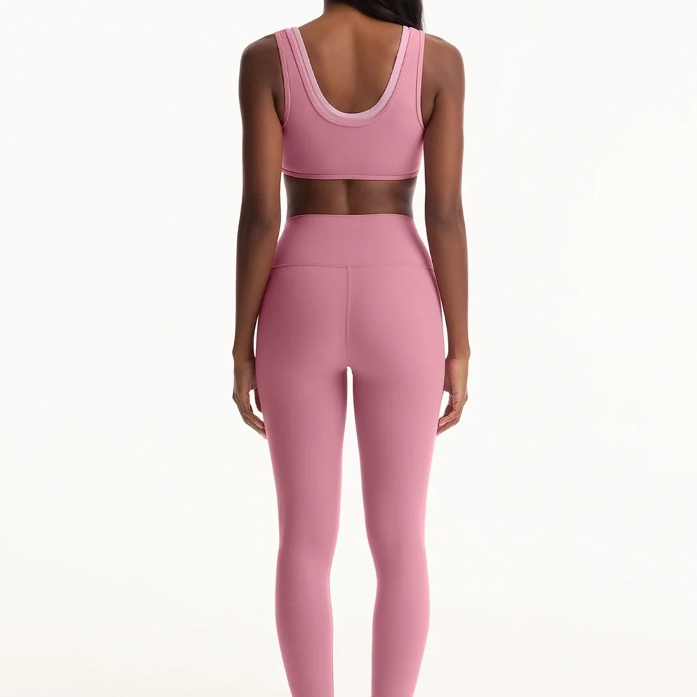 NEW Set Active Large XL Pink Matching Set Glossy Leggings Double Layer Sport bra
